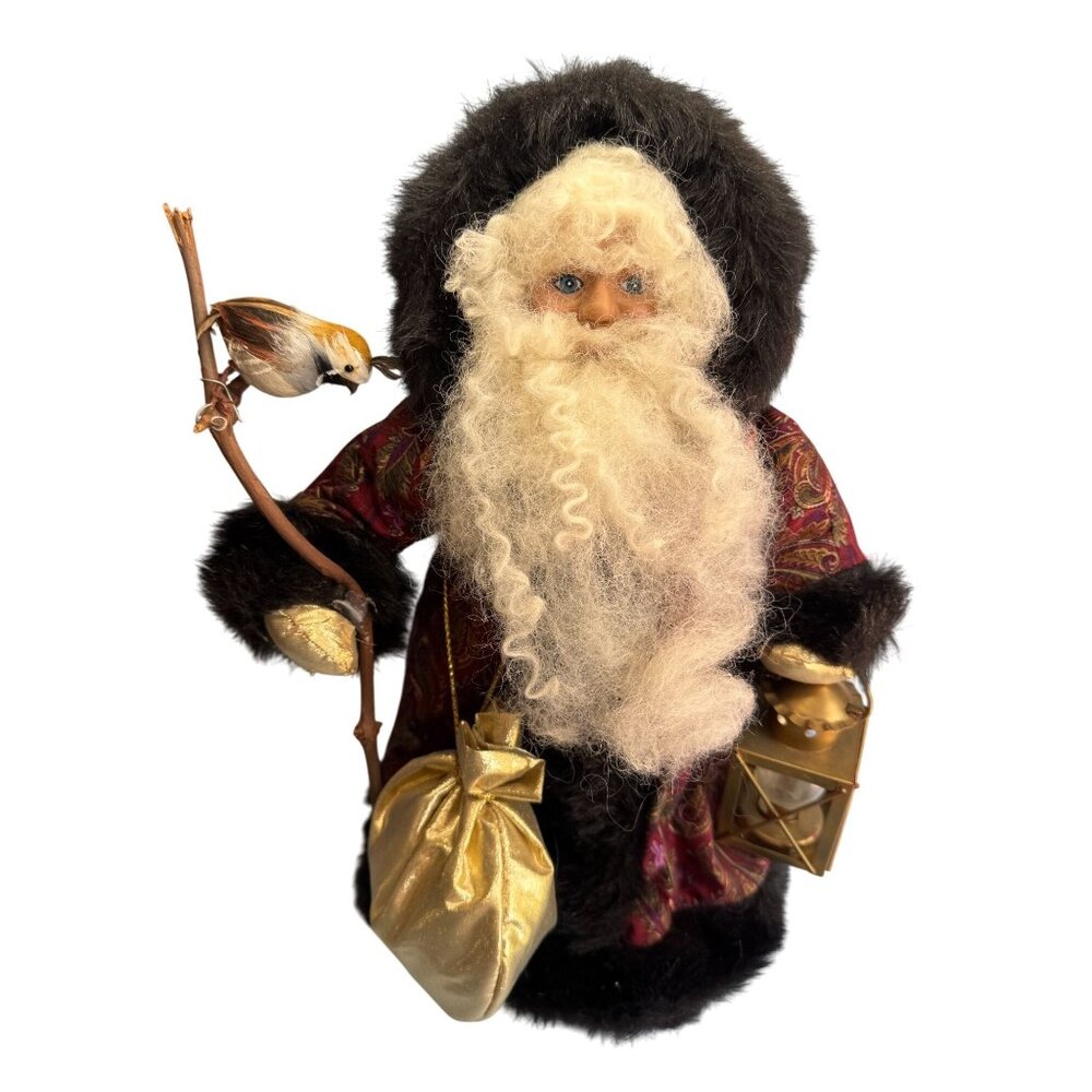 Betty Boedt Folk Art Santa Claus Doll Black Fur Red Coat Handmade 1993 15"